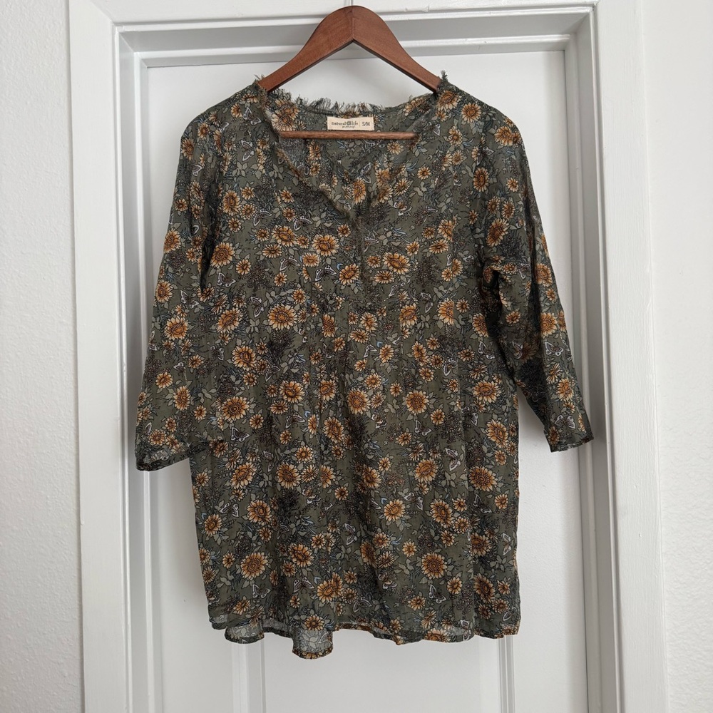 Natural Life Sunflower Printed 100% Cotton Floral Green Top